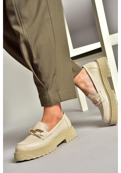 Fox Shoes T996198409 Bej Kalın Tabanlı Makosen Kadın Ayakkabı Bej-suni Deri Bej
