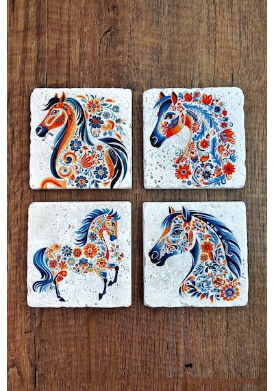 Doğal Taş Bardak Altlığı 4'lü Set 10x10x1 Cm Renkli At Baskılı -stone Coasters Çok Renkli