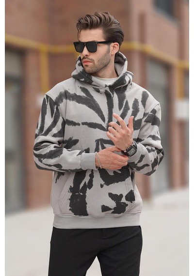 Madmext Boyalı Gri Kapüşonlu Cep Detaylı Baskılı Erkek Sweatshirt 7087 Gri