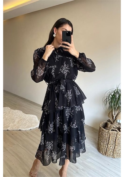 Neşeli Butik Kadın Çiçek Desenli Kat Kat Volanlı Şifon Elbise Nm014 Siyah