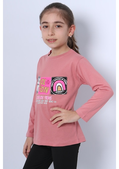 Hçm Kız Çocuk Uzun Kollu Tshirt 4 Mevsim Bisiklet Yaka Cool Edition Baskılı D45 Pudra