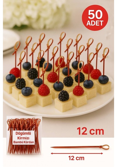 Düğümlü Kırmızı Bambu Kürdan 12 Cm, Şık Davet Ve Kokteyl Sunum Çubuğu 50 Li Paket