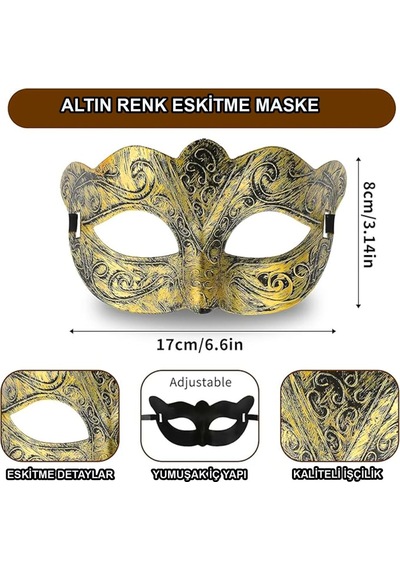 Altın Renk Eskitme Maskeli Balo Maskesi Venedik Tarzı Parti Maskesi Yetişkin