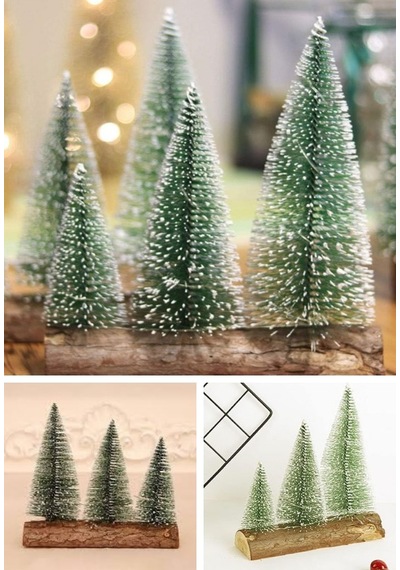 3 Lü Set Nevada Mini Çam Ağaçları Meşe Kütük Üzerinde Yılbaşı Hediyesi 16-12-10 Cm