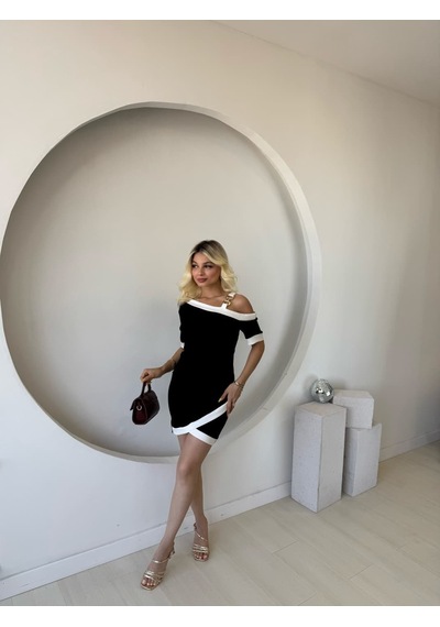 Veraura Lifestyle Kadın Kısa Kollu Asimetrik Kesim Yaka Şerit Ve Aksesuar Detaylı Modal Elbise Siyah