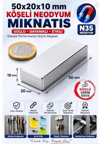 50x20x10 Mm Köşeli Neodyum Mıknatıs N35 Güçlü Magnet Süper Güçlü Blok Mıknatıs