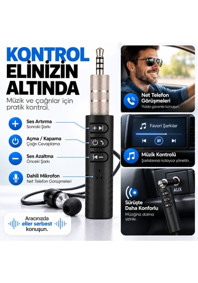 Bluetooth Aux Araç Kiti 5.0 3.5 Mm Adaptör Type-c Şarjlı Mikrofonlu