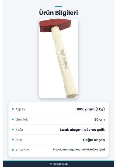 Ahşap Saplı Dövme Çelik Çekiç 1000 Gram 30 Cm