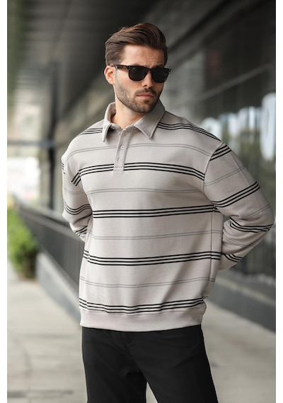 Madmext Boyalı Gri Çizgili Polo Yaka Erkek Sweatshirt E7172 Gri