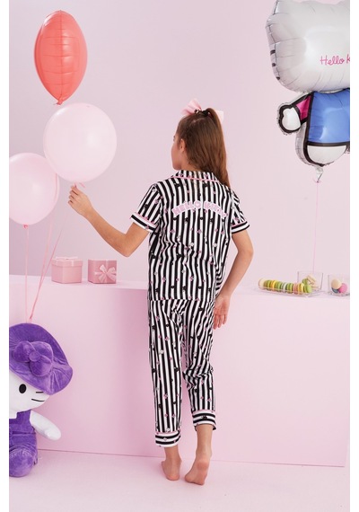 Siyah İnci Lisanslı %100 Pamuk Çok Renkli Düğmeli Biyeli Pijama Takım Hk051 Siyah Beyaz