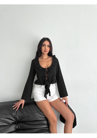 Meleners Keten Uzun Kol Bağacık Detaylı Bluz - Siyah Siyah