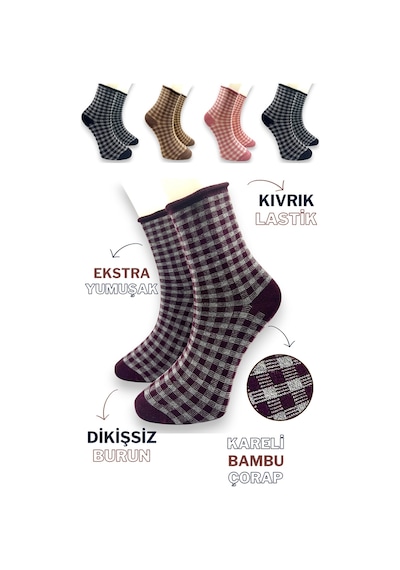 Socks Premium 5 Çift Bambu Kadın Dikişsiz Kareli Lastiksiz Roll Top İz Bırakmaz Soket Çorap Siyah-bordo-kahverengi-pembe Socks Premium 5 Çift Bambu Kadın Dikişsiz Kareli Lastiksiz Roll Top İz Bırakmaz Soket Çorap Siyah-bordo-kahverengi-pembe