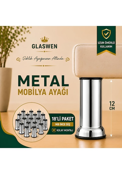 18 Adet Metal Destek Ayağı 12 Cm Krom Mobilya Kanepe Baza Koltuk Ünite Ayakları Metrik 8 Civatalı İnce Diş