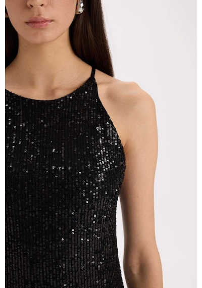 DeFacto Halter Yaka Payetli Kolsuz Midi Siyah Elbise E2437AX24WNBK81