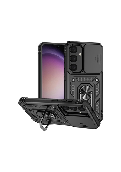 Samsung Galaxy S25 Plus Uyumlu Kamera Sürgülü Tank Kılıf Ve Temperli Cam Ekran Koruyucu Set Siyah