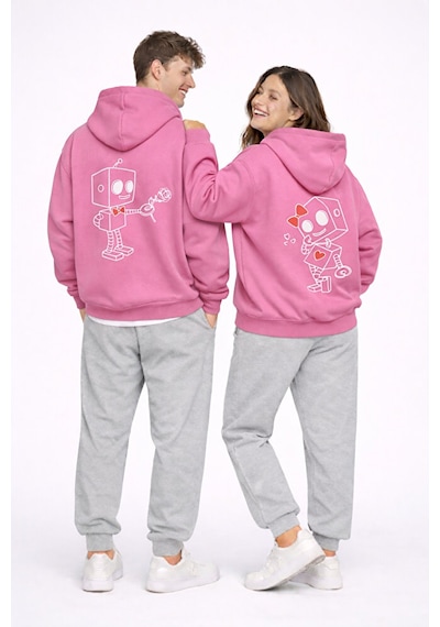 Robot Baskılı Sevgili Kombini Oversize Hoodie Seti Kadın Erkek Un Pembe
