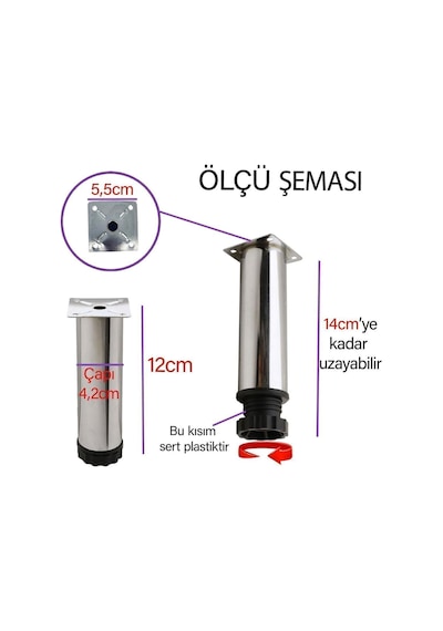 4 Adet Metal Ayarlanabilir 12 Cm Krom Destek Ayak Mobilya Kanepe Baza Koltuk Dolap Sehpa Ünite Ayağı Diğer