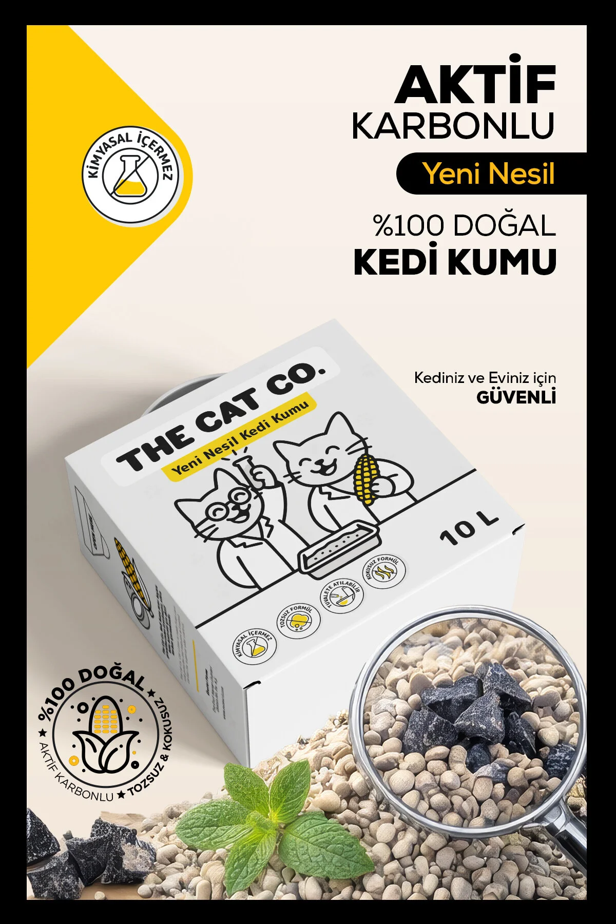 %100 Doğal Aktif Karbonlu Topaklanan Kedi Kumu Tozsuz & Kokusuz, Yüksek Emicilik 10 Litre