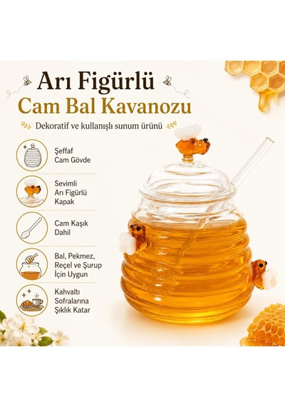 Arı Figürlü Cam Bal Kavanozu, Cam Kaşıklı Kapaklı Şeffaf Bal Saklama Ve Sunum Kabı, Bal Pekmez Reçel Ve Şurup Diğer