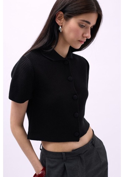 Tanla Butik Bebe Yaka Düğmeli Bluz Siyah