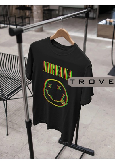Startmore Unısex Kadın Erkek Nırvana Halüsinasyon %100 Pamuk Baskılı Siyah Beyaz T-shirt Siyah