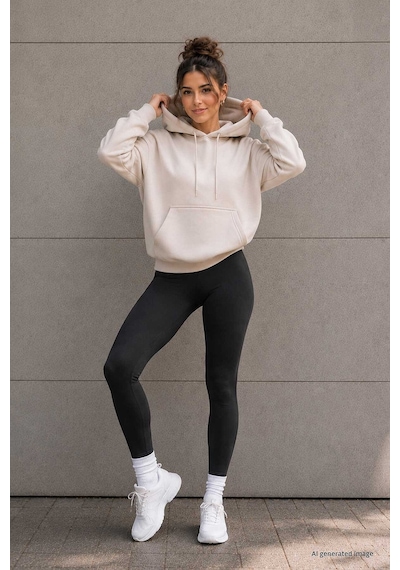 TOMMYLIFE Bej Standart Kapüşonlu Kanguru Cepli Basic Kadın Sweatshirt - 97321