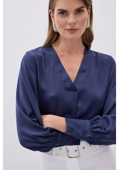 Sateen V Yaka Saten Bluz - Lacivert-136503 Lacivert