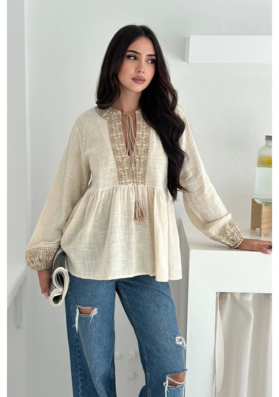 Asprin Fashion Etnik Desenli Bağlamalı Bluz Krem Asprin Fashion Etnik Desenli Bağlamalı Bluz Krem