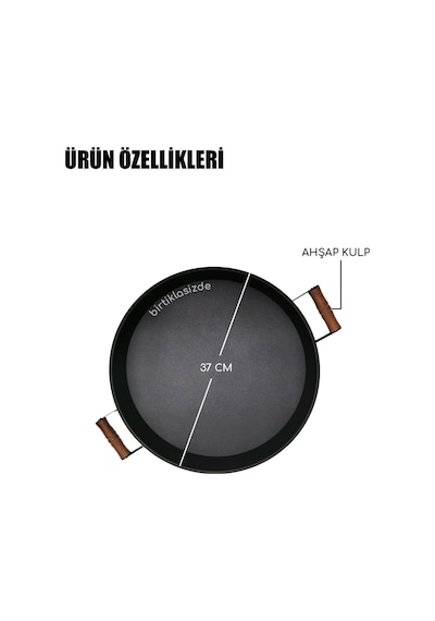 Kitchen Trend Yuvarlak  37 Cm Ahşap Kulplu Metal Siyah Tepsi