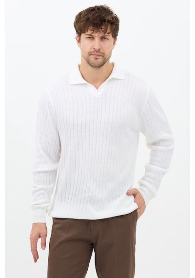 Erkek Beyaz Slim Fit Uzun Kollu Polo Yaka Triko Kazak Beyaz