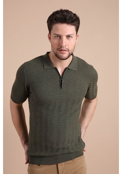 Ferraro Haki Polo Yaka Fermuarlı Erkek Pamuk Triko T-Shirt-Haki (417942120) Haki
