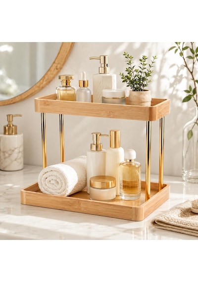 Poomy 2 Katlı Bambu Organizer Standı, Altın Renk Tezgâh Üstü Düzenleyici Raf