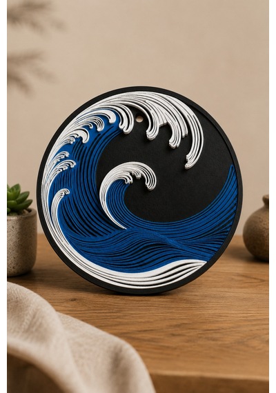 Dalga Temalı Yuvarlak Duvar Dekoru Deniz Desenli Duvar Süsü Dekoratif Pla Pano 21 Cm