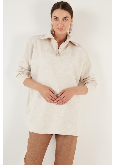 Lela Yarım Fermuarlı Oversize Triko Bayan Kazak 4616079 Krem