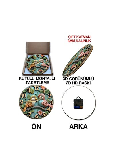 Kuş Figürlü Neşeli Aşk Temalı Mdf Duvar Saati 33 Cm Sdw334 Renkli