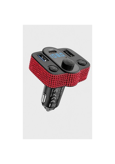 Araç İçi Kırmızı Kristal Taşlı Fm Transmitter Bluetooth Usb Type-c Oto Çakmaklık