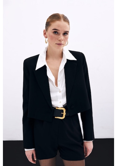 Sateen Kısa Krep Ceket - Siyah