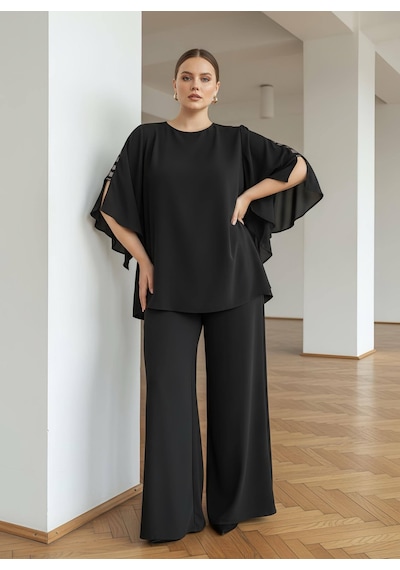Pera Moda Yanları Boncuklu Zarif Kollu Uzun Oversize Büyük Beden Kadın Gömlek Siyah