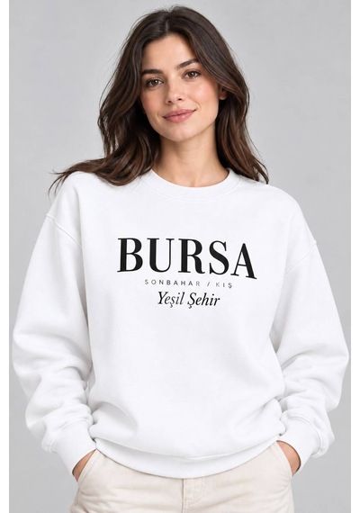 Gıovera Bursa Şehir Yazılı Bisiklet Yaka Kadın Sweatshirt beyaz