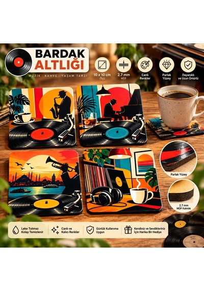 Caz Ve Plak Temalı Dekoratif Mdf Bardak Altlığı 10x10 Cm Çok Renkli
