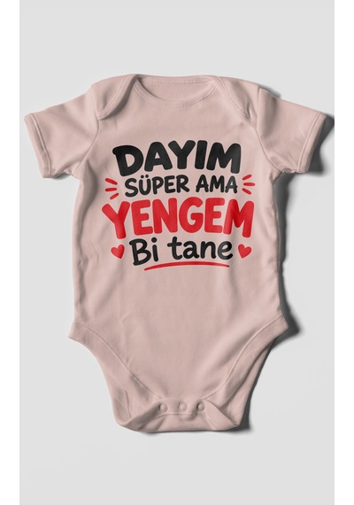 Morivokids Dayım Süper Ama Yengem Bi Tane Kısa Kollu Bebek Body %100 Pamuk Pastel Pembe