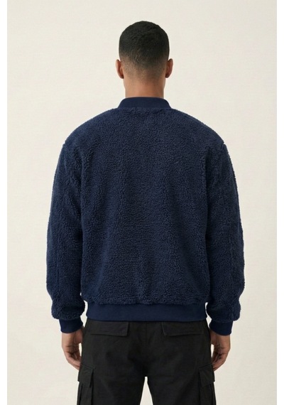 Genius Store Erkek Mont Peluş İçi Astarlı Oversize Geniş Kalıp Sherpa Kuzu Kumaş Spor Mont Lacivert