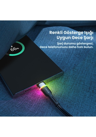 Essager Led Işıklı 2 Metre 3a Usb To Type-c Ultra Hızlı Şarj Kablosu,dayanıklı Renkli Led Işıklı Kablo