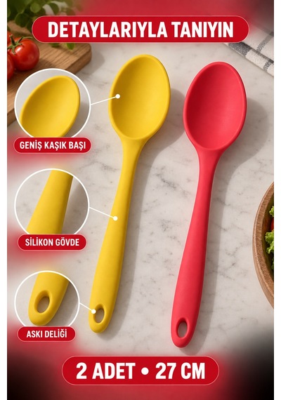 2'li Set Kırmızı Sarı Büyük Boy Silikon Kaşık 27 Cm Mutfak Yemek Pişirme Ve Servis Kaşığı Sofra İçin