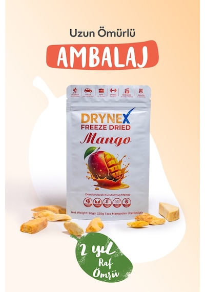 Drynex Freeze Dried Mango Dondurularak Kurutulmuş Çıtır Atıştırmalık Egzotik Meyve Cipsi Şekersiz Vegan 20 G