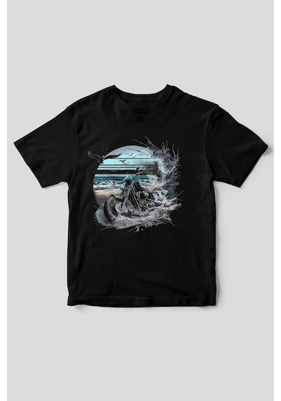 Motorcu Temalı Chopper Motorsiklet Ve Deniz Baskılı Regular Fit %100 Pamuk Bisiklet Yaka T-shirt Siyah