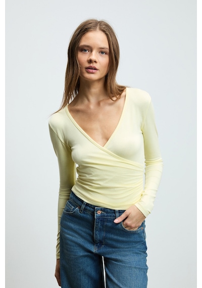 Grımelange CALLORIA Kadın V Yakalı Uzun Kollu Slim Fit Sarı Bluz
