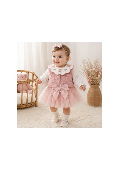 Ministok Lily Pink Yakası Nakış Detaylı Gömlek Şort Yelekten Oluşan 3'lü K Pembe
