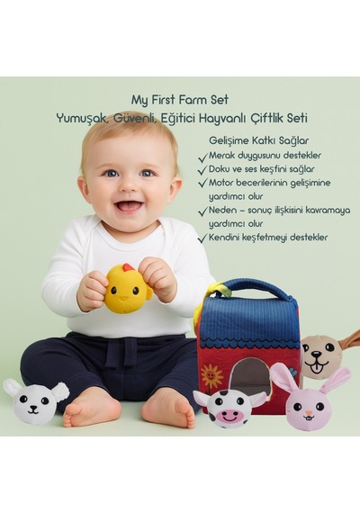 Momely My First  Farm Set Bebek Peluş Çiftlik Evi Ve Hayvan Oyuncakları, Yıkanabilir Duyusal Set +6ay