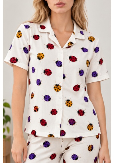 Kadın Desenli Beyaz Kısa Kollu Pijama Takımı 4828